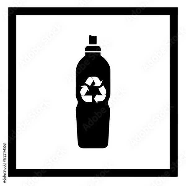 Fototapeta Black silhouette of a plastic bottle with a white recycling symbol inside a black square frame