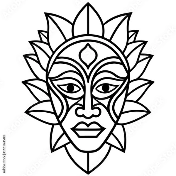 Fototapeta Stylized sun face mask with geometric patterns and radiating petals
