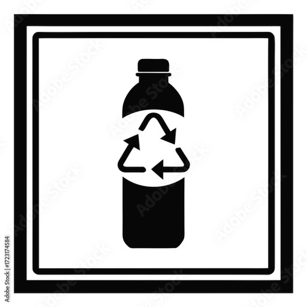 Fototapeta Black and white icon of a plastic bottle with recycling arrows inside a square frame