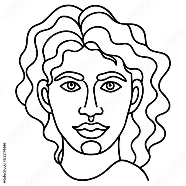 Fototapeta Minimalist line art drawing of a person with long curly hair and expressive eyes