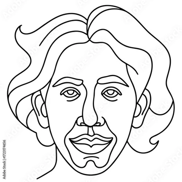 Fototapeta Minimalist line art portrait of a smiling person with wavy hair