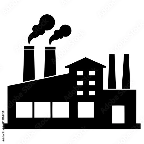 Fototapeta Black silhouette of a factory with smoke coming out of chimneys on a white background
