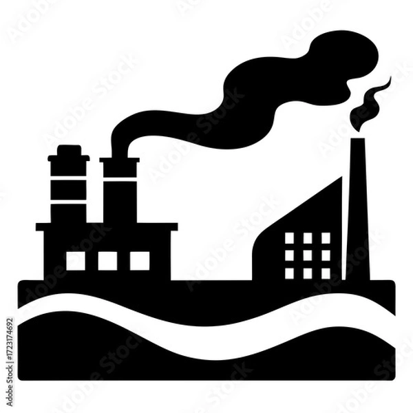 Fototapeta Black silhouette of a factory with smoke billowing from its chimneys against a white background
