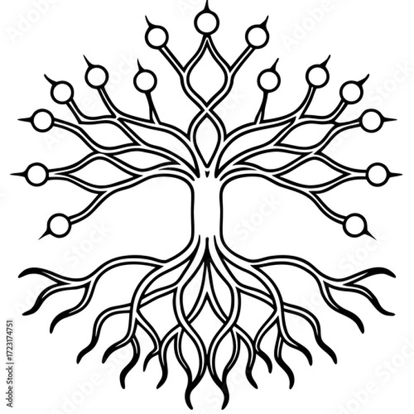 Fototapeta Stylized black and white tree of life with intricate roots and branches