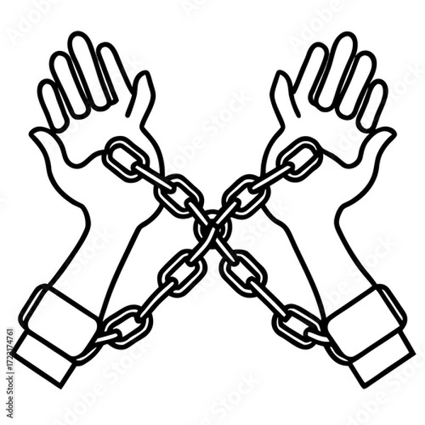 Fototapeta Symbolic illustration of two hands bound together by a heavy metal chain