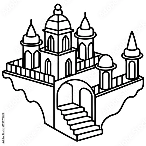Fototapeta Stylized black and white drawing of an ornate castle or palace with domes and towers