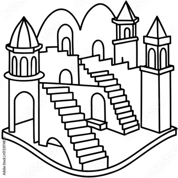 Fototapeta Stylized black and white line drawing of a fantasy castle with multiple staircases and towers