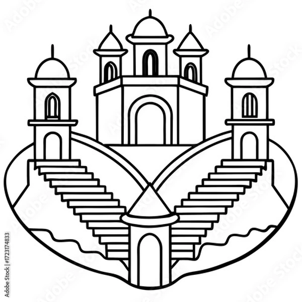 Fototapeta Stylized black and white line art illustration of a grand architectural structure with domes and stairs