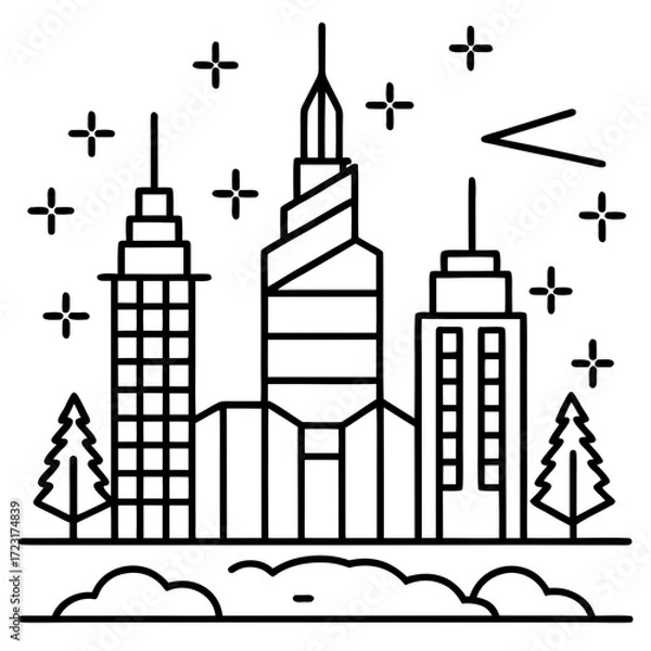 Fototapeta Stylized black and white line art illustration of a city skyline with skyscrapers trees and stars