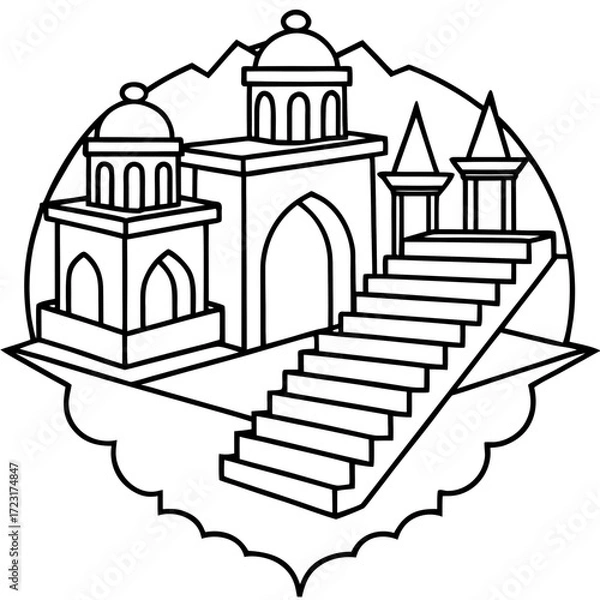 Fototapeta Stylized line art of islamic architecture with mountains and stairs
