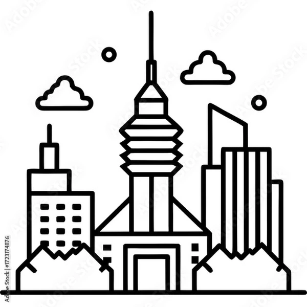 Fototapeta Modern city skyline with tall tower and buildings under clouds