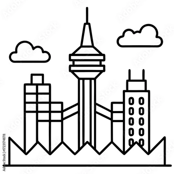 Fototapeta Modern city skyline with tall tower and buildings under clouds