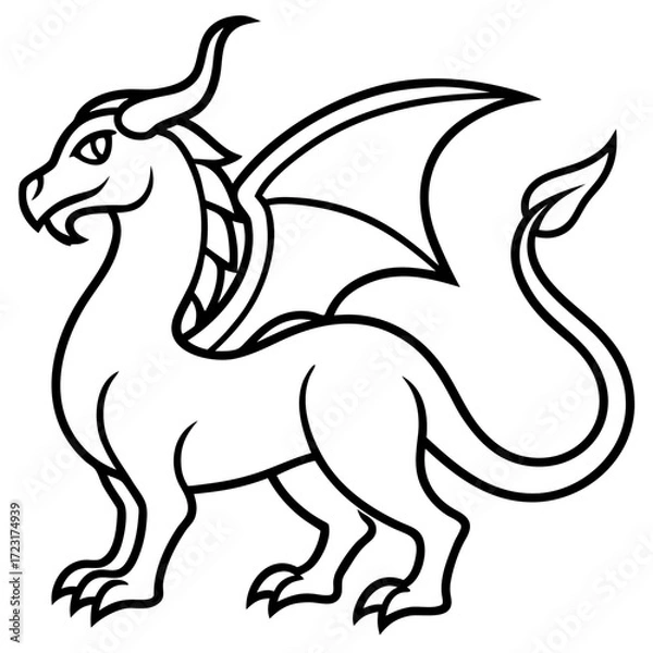 Fototapeta Stylized black and white outline of a mythical dragon creature with wings and horns