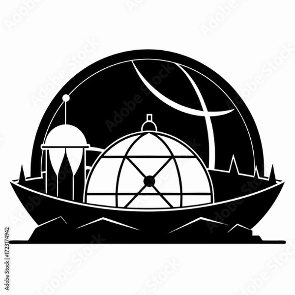 Fototapeta Futuristic spaceship with domes and towers sailing on water under a starry sky