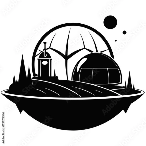 Fototapeta Futuristic alien planet landscape with dome habitat and observatory under a large celestial body
