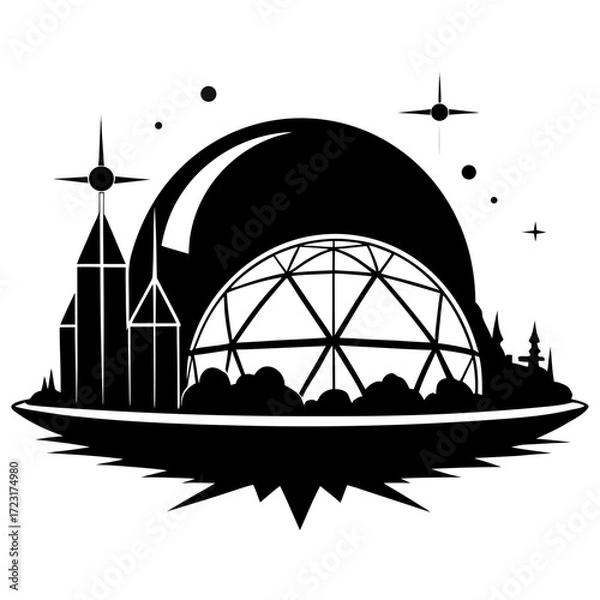 Fototapeta Futuristic city skyline with geodesic dome and flying saucer base under starry sky