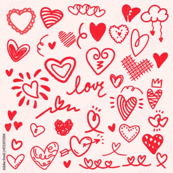 Fototapeta set of red heart love doodle hand drawn icon in various style design