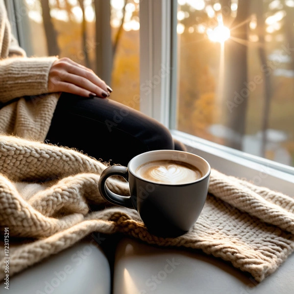 Fototapeta Black coffee cup placed near a woman by a window, capturing cozy autumn vibes, warm seasonal atmosphere, and indoor fall lifestyle.