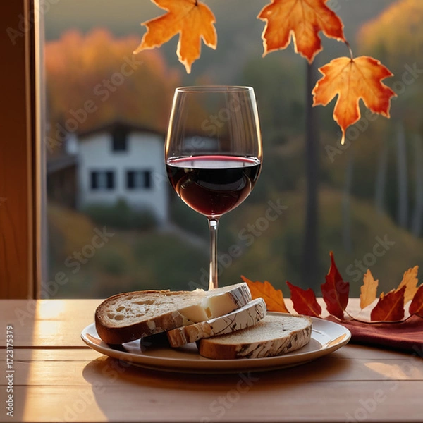 Fototapeta Close-up of a red wine glass near a window with autumn light, accompanied by bread, capturing cozy fall vibes and seasonal dining atmosphere.