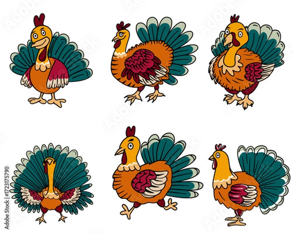Fototapeta thanksgiving day turkey sketch doodle cartoon set element with color