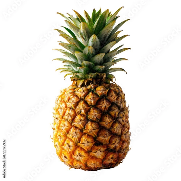 Fototapeta A whole pineapple, vibrant yellow-gold rind, with a crown of sharp, bright green leaves