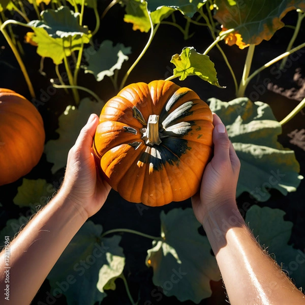Fototapeta Top view of hands holding a pumpkin, capturing cozy autumn vibes, seasonal harvest atmosphere, and rustic fall textures.