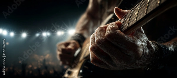 Obraz Intense extreme close-up of a rock guitarist’s hands playing electric guitar on a dark stage. Sharp details, cinematic lighting, and emotional energy. Perfect for music magazines use. Generative Ai.