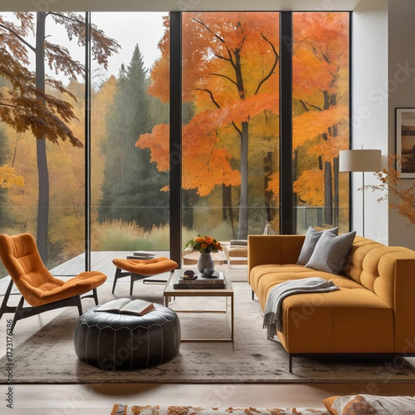 Fototapeta Orange and beige living room with high windows, capturing cozy autumn vibes, warm fall interior, and seasonal stylish decor.