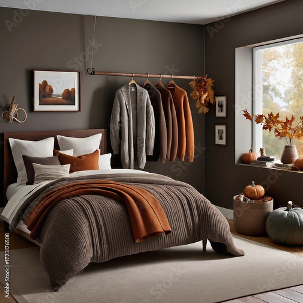 Fototapeta Sleeping room styled with cozy autumn vibes, warm fall colors, and seasonal decor for a comfortable and inviting seasonal atmosphere.