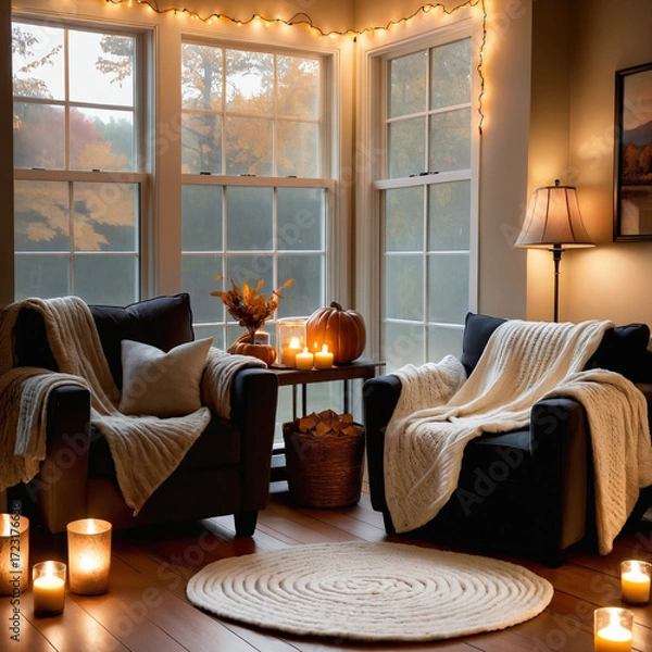 Fototapeta Corner with two sofas, candles, string lights, and a floor lamp, creating cozy autumn vibes, warm lighting, and inviting seasonal indoor atmosphere.