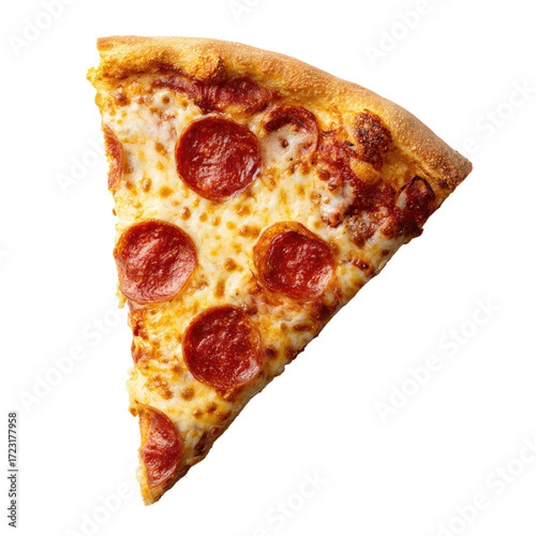 Fototapeta Pizza slice with pepperoni and melted cheese.  A triangular slice of pepperoni pizza is presented against a black background. The slice displays melted cheese and several pepperoni slices