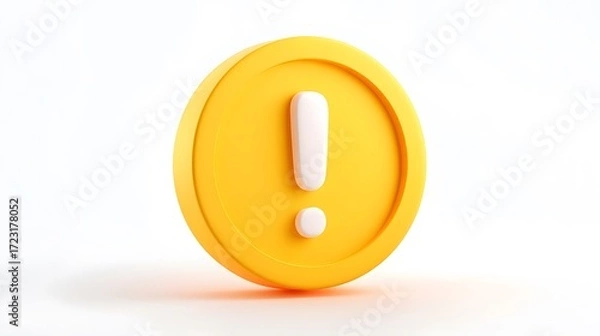 Fototapeta Bright yellow coin with white exclamation mark on white background