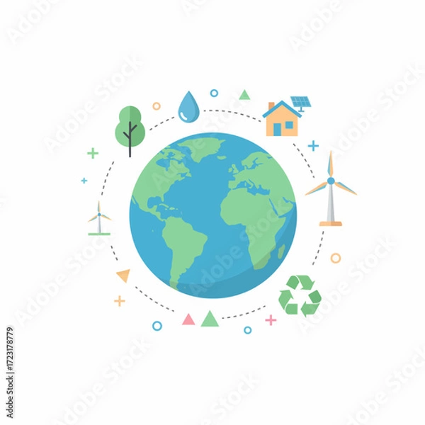Fototapeta Global Environmental Protection and Sustainable Energy Solutions Flat Illustration. Earth with Renewable Resources and Ecological Icons for a Greener Future
