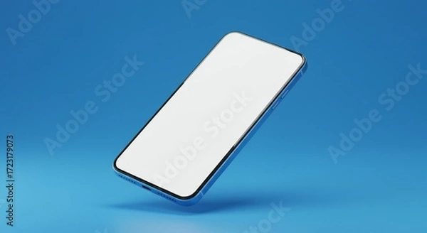 Fototapeta Elegant smartphone with blank white screen floating above vibrant blue surface rendering