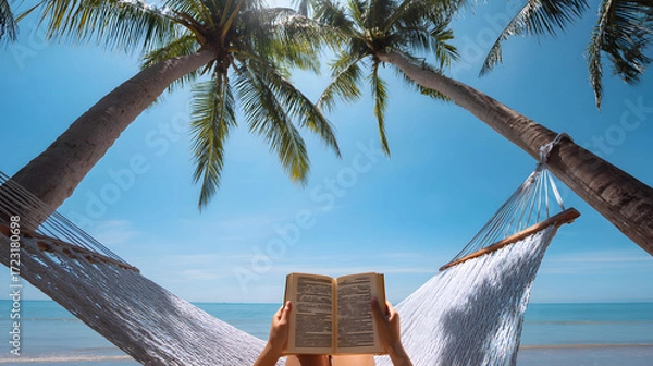 Fototapeta Woman Reading on Hammock with Ocean View and Palm Trees