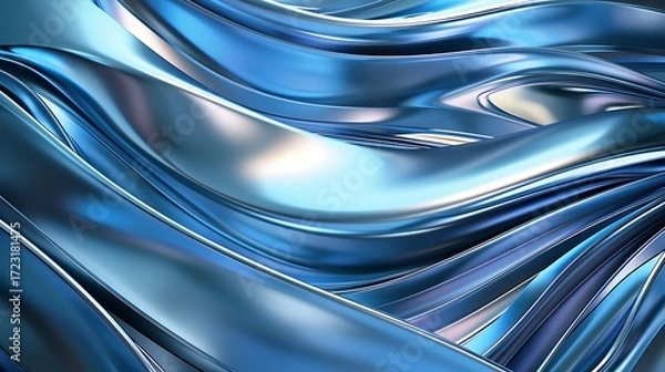 Fototapeta Abstract Blue Metallic Waves with Smooth Curves and Reflective Surfaces for Background and Design Use