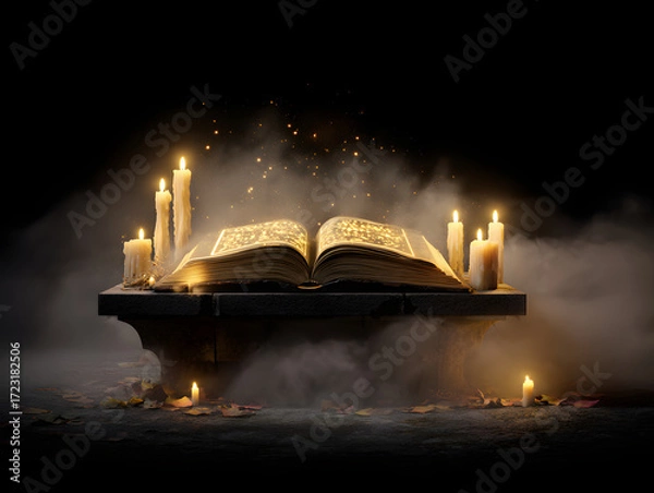 Fototapeta Halloween spellbook with glowing candles. Fantasy and mystical concept symbolizing magic and mystery