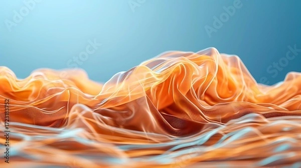 Fototapeta Abstract Flowing Orange Fabric Textures with Backlight and Soft Blue Background for Artistic Designs and Visual Projects