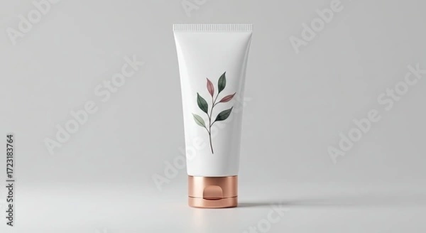 Fototapeta Minimalist white cosmetic cream tube with a subtle botanical leaf design and rose gold cap