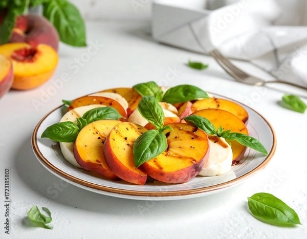 Fototapeta Peach and mozzarella salad on a plate