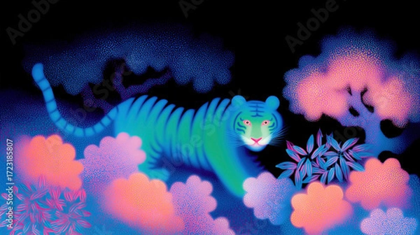 Fototapeta green iger lurking in a tropical forest, chinese new year animal symbol 