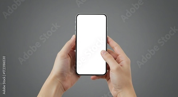 Fototapeta Person holding a modern smartphone with a blank white screen against a grey backdrop