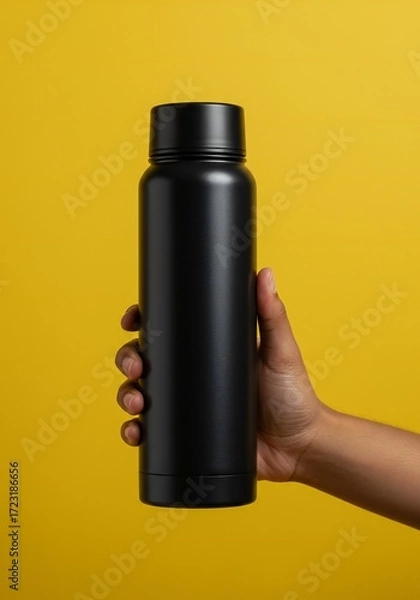 Fototapeta Sleek matte black reusable water bottle presentation against vibrant yellow backdrop offering