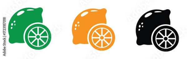 Fototapeta A set of retro citrus fruit slices, including lemon and orange, with a vintage bicycle wheel design