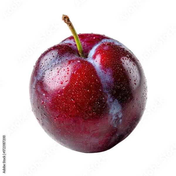 Fototapeta Close-up of a single, round, red plum with white juice or moisture droplets