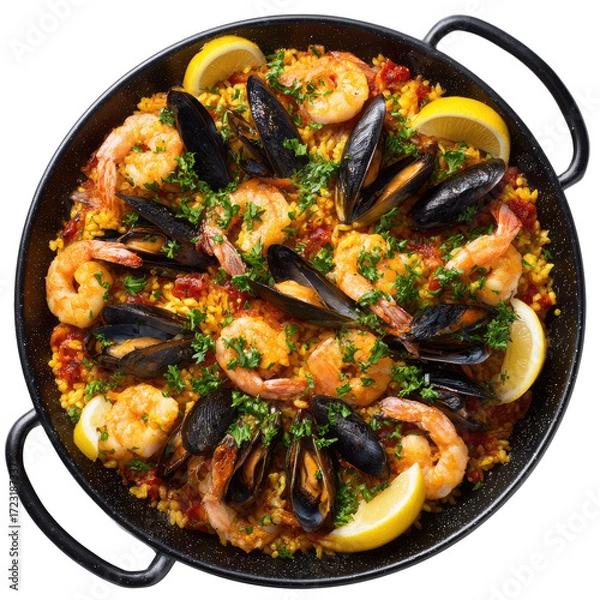 Fototapeta Saffron-hued paella brimming with succulent shrimp, plump mussels, and lemon wedges, artfully arranged in a dark pan