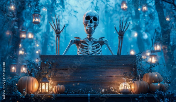 Fototapeta Skeleton Figure with Raised Arms Behind Wooden Table Decorated with Pumpkins and Lanterns in Misty Forest with Bare Trees