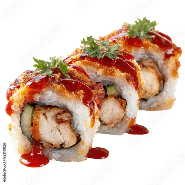 Fototapeta Three pieces of crispy, breaded chicken sushi rolls, drizzled with a sweet and savory sauce, garnished with parsley