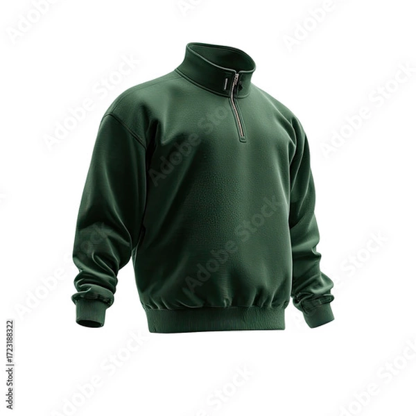 Fototapeta A dark-green, half-zip pullover sweatshirt with ribbed cuffs and hem, shown in a three-quarter profile view against a black background