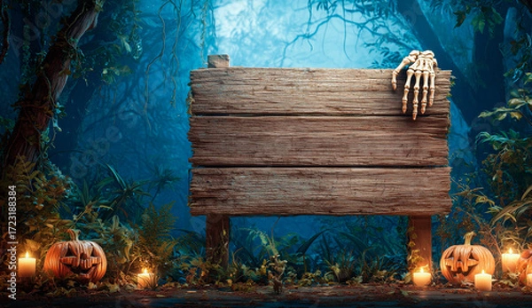 Fototapeta Wooden Sign with Skeleton Hand in Dense Forest with Carved Pumpkins and Lit Candles on Ground Surrounded by Green Foliage